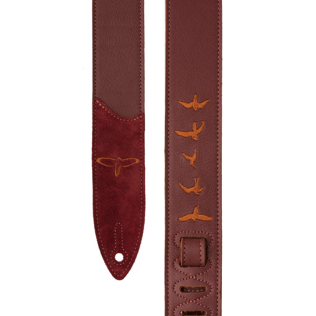 Premium Leather 2" Strap Embroidered Birds Burgundy